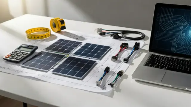PV-Angebot prüfen: Solar-Planung mit Modul-Layout, Kabeln und Rechner auf dem Schreibtisch