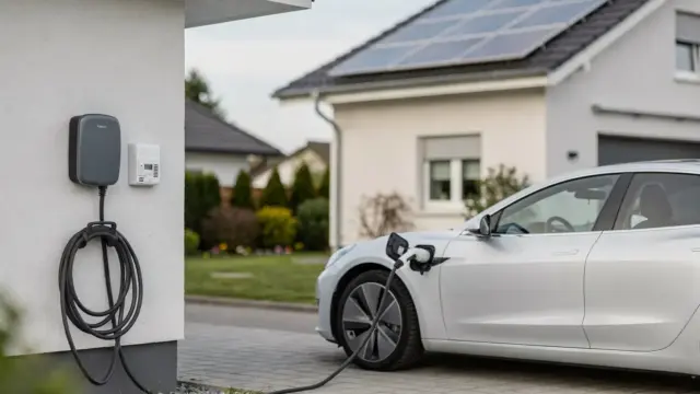 Wallbox an Hausgarage mit PV-Anlage und Elektroauto für PV-Überschussladen