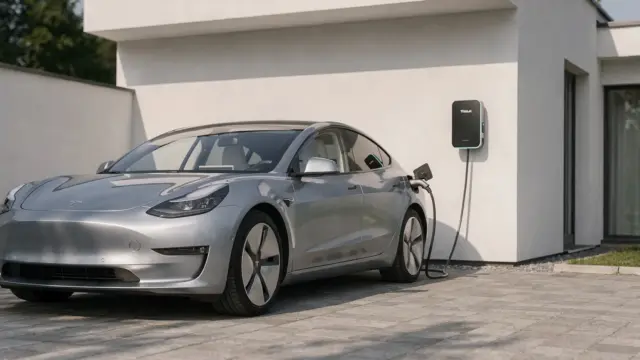 Wallbox an der Hauswand mit E-Auto beim Laden als Thema Wallbox-Ladeleistung zu Hause