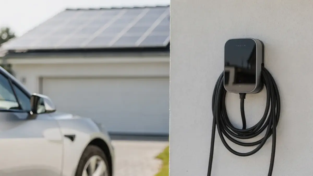 PV-Überschuss-Wallbox an der Hausgarage mit Photovoltaik auf dem Dach