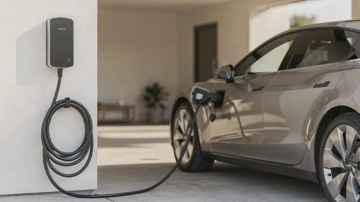 Wallbox an der Hauswand neben einem Elektroauto als Beispiel für 11 kW oder 22 kW Ladeleistung zu Hause