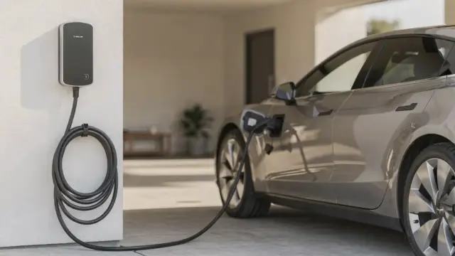 Wallbox an der Hauswand neben einem Elektroauto als Beispiel für 11 kW oder 22 kW Ladeleistung zu Hause