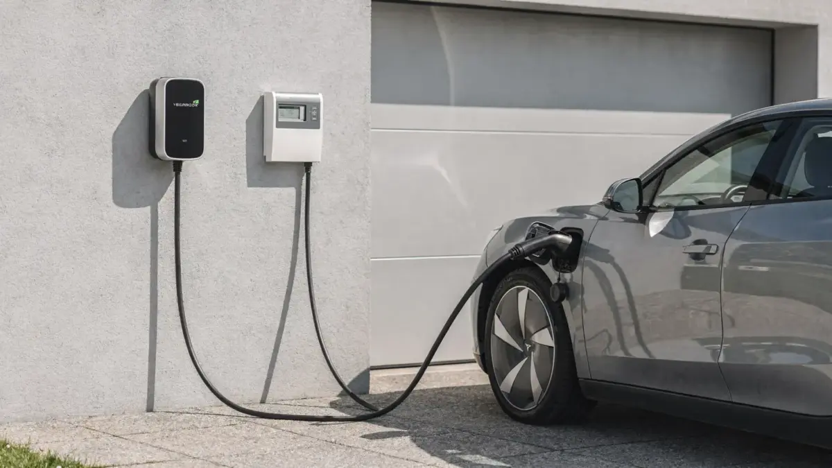 Wallbox-Lastmanagement zu Hause mit Wallbox, E-Auto und Stromzähler in der Garage