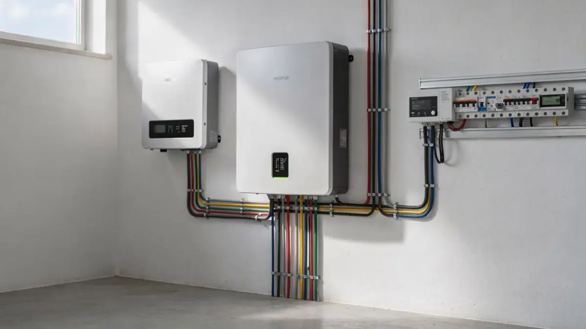 PV-Speicher mit Wechselrichter und Haus-Elektrotechnik zur Speicher-Ladeleistung