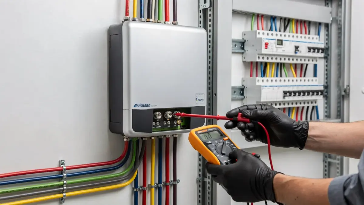 Solarwechselrichter und Multimeter zur sicheren Prüfung bei Wechselrichterfehler