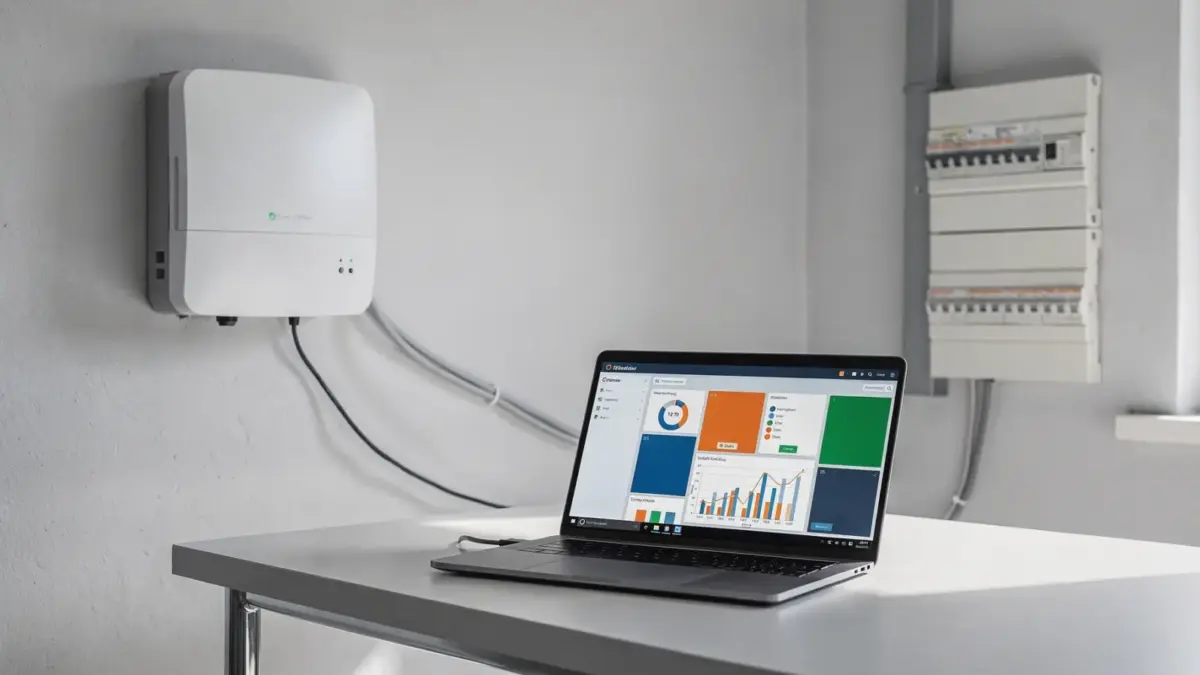 PV-Monitoring-Fehler: Wechselrichter und Laptop mit Monitoring-Dashboard in einem Technikraum