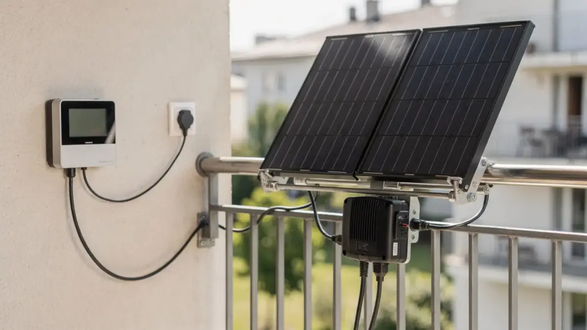 Balkonkraftwerk auf einem Balkon mit Solarmodulen, Wechselrichter und Stromzähler zum Thema laufende Kosten