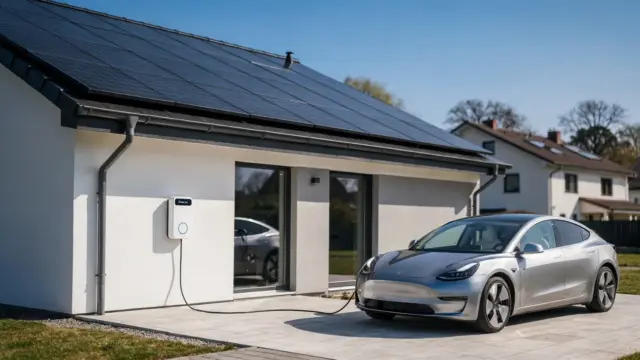 PV-Überschuss laden: Haus mit Solaranlage, Wallbox und Elektroauto in der Einfahrt