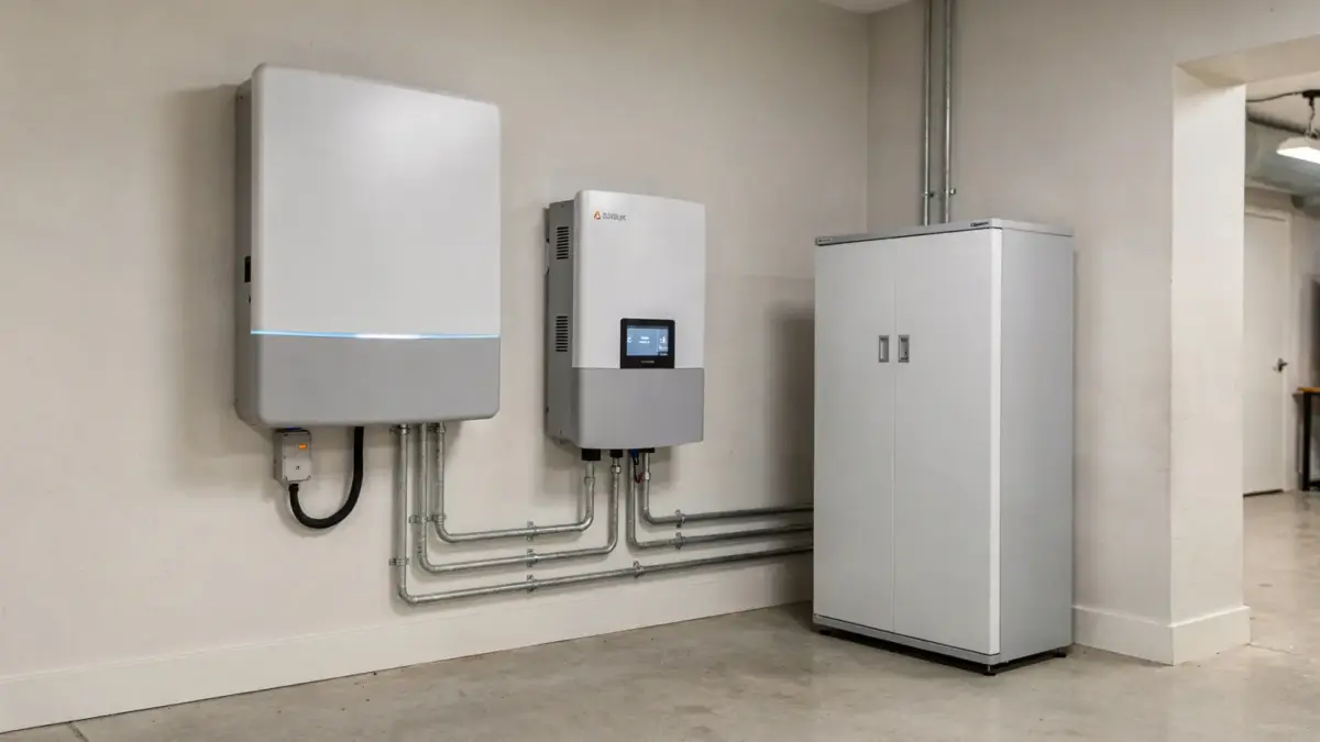Stromspeicher mit Batterie und Wechselrichter in einem Technikraum zum Thema Speicherkapazität in kWh