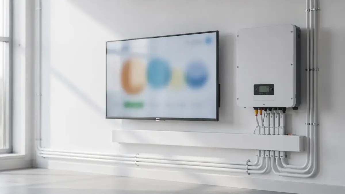 PV-Monitoring mit Display, Wechselrichter und Kabeln zur Anzeige von Anlagenwerten