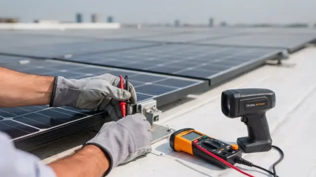 Techniker prüft eine Photovoltaikanlage mit Messgerät und Wärmebildkamera bei Leistungsverlust