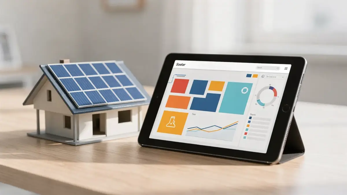 Tablet mit PV-App-Monitoring für Ertrag, Status und Störungen einer Photovoltaikanlage