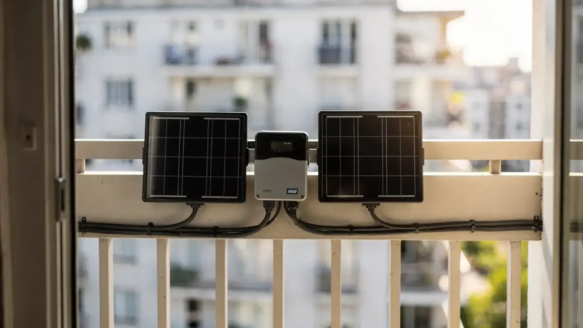Balkonkraftwerk mit zwei Solarmodulen auf einem Balkon in der Stadt