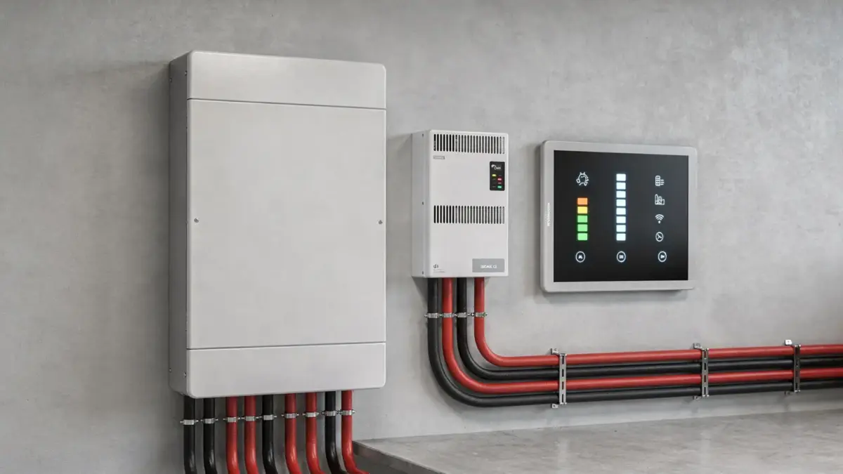 Stromspeicher mit Batterie und Wechselrichter in einem Technikraum zum Thema Speicherkapazität in kWh